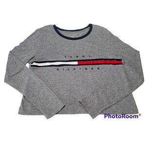 Tommy Hilfiger Womens Long Sleeve Crew Neck Med Cropped Top Grey Preppy 90s Y2k